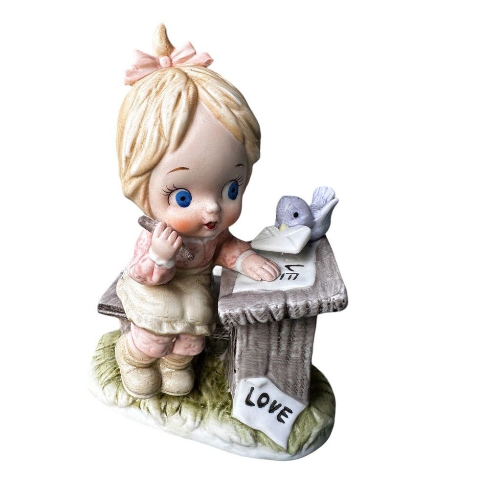 Vintage Lefton Figurine 4.5 Inch Girl Writing Love Letter Desk Bisque‎ Porcelain